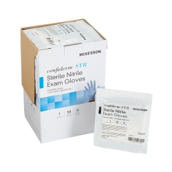 Exam Glove McKesson Confiderm STR Medium Sterile Pair Nitrile Standard Cuff Length Textured Fingertips Blue Not Rated