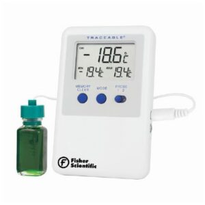 Digital Refrigerator / Freezer Thermometer with Alarm Fisherbrand Traceable Refrigerator/Freezer Ultra Fahrenheit / Celsius -58 degree to +158 degreeF (-50 degree to +70 degreeC) Vaccine Bottle Probe Multiple Mounting Options Battery Operated