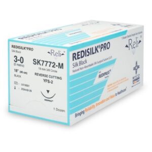 Nonabsorbable Suture with Needle Reli Redisilk Silk MFS-2 3/8 Circle Reverse Cutting Needle Size 3-0 Braided