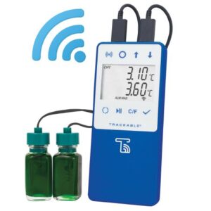 Datalogging Refrigerator / Freezer Thermometer with Alarm TraceableLIVE Fahrenheit / Celsius -58 degree to +140 degreeF (-50 degree to +60 degreeC) 2 Glycol Bottle Probes Multiple Mounting Options Battery Operated