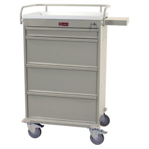 Medication Cart Steel 22.5 X 29.5 X 46.75 Inch Sand (1) 3 Inch Multipurpose Storage Drawer, (1) 9.75 Inch Drawer with 1 Divider and Locking Narcotics Box, (2) 9.75 Inch Drawers with Two Adjustable Dividers, 17 X 23 Inch Internal Drawer