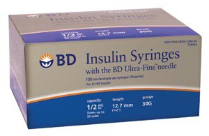 Standard Insulin Syringe with Needle Ultra-Fine 0.5 mL 1/2 Inch 30 Gauge NonSafety Regular Wall