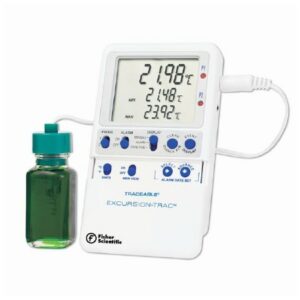 Datalogging Refrigerator / Freezer Thermometer with Alarm Fisherbrand Traceable Excursion-Trac Fahrenheit / Celsius -58 degree to +158 degreeF (-50 degree to +70 degreeC) Bottle Probe Multiple Mounting Options AC Adaptor / Battery Backup