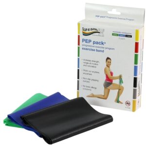 Exercise Resistance Band Set Sup-R Band PEP Pack Green / Blue / Black 5 Inch X 5 Foot Medium to X-Heavy Resistance