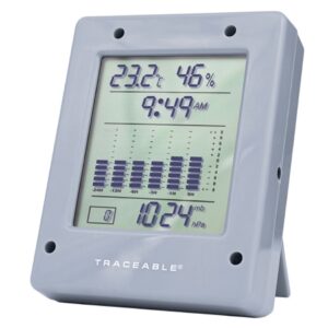 Digital Barometer / Thermometer / Hygrometer Traceable Fahrenheit / Celsius 32 degree to 131 degreeF (0 degree to 55 degreeC) Flip-out Stand Battery Operated