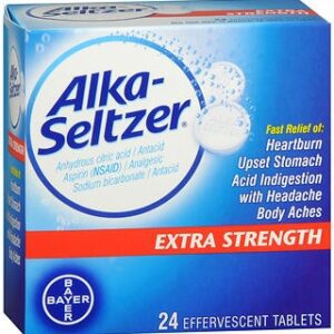 Pain Relief Alka-Seltzer Extra Strength 1,000 mg – 500 mg – 1985 mg Strength Anhydrous Citric Acid / Aspirin / Sodium Bicarbonate Effervescent Tablet 24 per Box