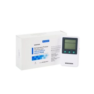 Digital Refrigerator / Freezer Thermometer with Alarm McKesson Fahrenheit / Celsius -58 degree to +158 degreeF (-50 degree to +70 degreeC) Glycol Bottle Probe Multiple Mounting Options Battery Operated