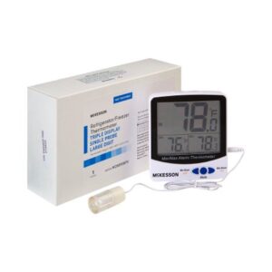 Digital Refrigerator / Freezer Thermometer with Alarm McKesson Fahrenheit / Celsius -58 degree to +158 degreeF (-50 degree to +70 degreeC) Glycol Bottle Probe / Internal Sensor Multiple Mounting Options Battery Operated