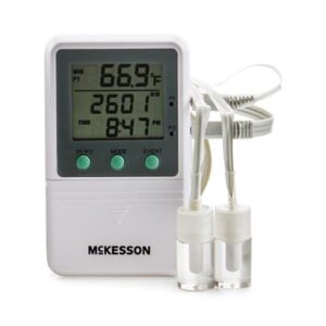Digital Refrigerator / Freezer Thermometer with Alarm McKesson Fahrenheit / Celsius -58 degree to +158 degreeF (-50 degree to +70 degreeC) 2 Glycol Bottle Probes Multiple Mounting Options Battery Operated