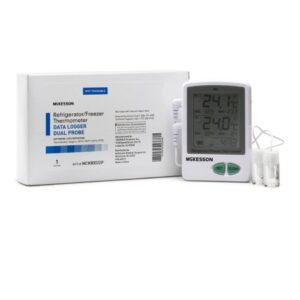 Datalogging Refrigerator / Freezer Thermometer with Alarm McKesson Fahrenheit / Celsius -58 degree to +158 degreeF (-50 degree to +70 degreeC) 2 Glycol Bottle Probes / Internal Sensor Flip-out Stand Battery Operated