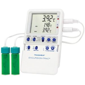 Datalogging Refrigerator / Freezer Thermometer with Alarm Traceable Excursion-Trac Fahrenheit / Celsius -58 degree to +140 degreeF (-50 degree to +60 degreeC) 2 Vaccine Bottle Probes Multiple Mounting Options Battery Operated