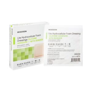 Thin Foam Dressing McKesson Lite 6 X 6 Inch With Border Film Backing Silicone Gel Adhesive Square Sterile