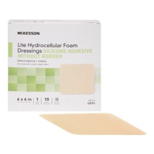 Thin Foam Dressing McKesson Lite 6 X 6 Inch Without Border Film Backing Silicone Gel Adhesive Square Sterile