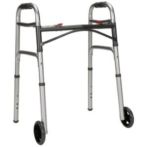 Dual Release Folding Walker with Wheels Adjustable Height McKesson Aluminum Frame 350 lbs. Weight Capacity 25 to 32-1/4 Inch Height