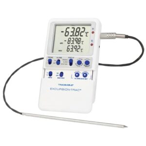 Datalogging Thermometer with Alarm Traceable Excursion-Trac Celsius -90 degree to +105 degreeC 2 Stainless Steel Probes / Platinum Sensors Multiple Mounting Options Battery Operated