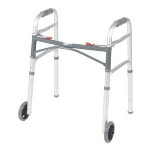 Dual Release Folding Walker with Wheels Adjustable Height McKesson Aluminum Frame 350 lbs. Weight Capacity 25 to 32-1/4 Inch Height