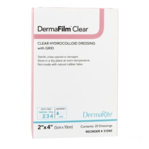 Thin Hydrocolloid Dressing DermaFilm Film Backing 2 X 4 Inch Rectangle Hydrocolloid / Film