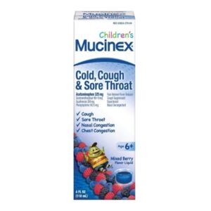 Children’s Cold and Cough Relief Children’s Mucinex 325 mg – 10 mg – 200 mg – 5 mg / 10 mL Strength Liquid 4 oz.
