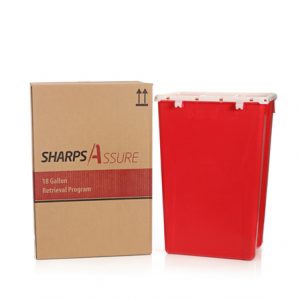 Mailback Sharps Container Intro Kit Sharps Assure Red Base 13 L X 17-3/10 W X 24-3/5 H Inch Vertical Entry 18 Gallon