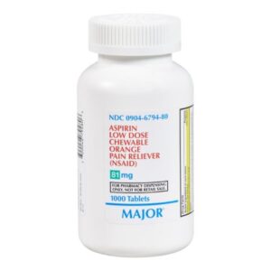 Pain Relief Major Low Dose 81 mg Strength Aspirin Chewable Tablet 1,000 per Bottle