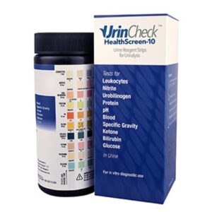 Urinalysis Test Kit UrinCheck HealthScreen-10 Bilirubin, Blood, Glucose, Ketone, Leukocytes, Nitrite, pH, Protein, Specific Gravity, Urobilinogen 100 Tests CLIA Waived