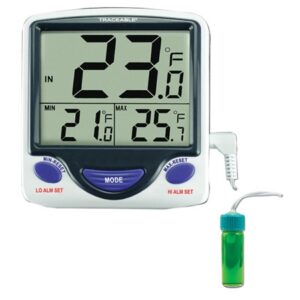 Digital Refrigerator / Freezer Thermometer with Alarm Traceable Fahrenheit / Celsius -58 degree to +158 degreeF (-50 degree to +70 degreeC) Vaccine Bottle Probe Flip-out Stand / Wall Mount Battery Operated
