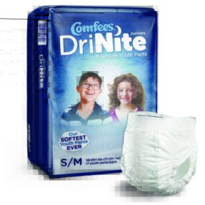 Unisex Youth Absorbent Underwear Comfees DriNite Juniors Pull On with Tear Away Seams Small / Medium Disposable Heavy Absorbency