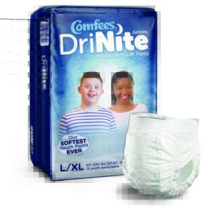 Unisex Youth Absorbent Underwear Comfees DriNite Juniors Pull On with Tear Away Seams Large / X-Large Disposable Heavy Absorbency