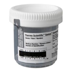 Specimen Container with Temperature Strip Samco Clicktainer 53 mm Opening 90 mL (3 oz.) Screw Cap Patient Information NonSterile