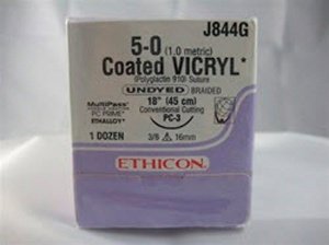 Absorbable Suture with Needle Coated Vicryl Polyglactin 910 PC-3 3/8 Circle Precision Conventional Cutting Needle Size 5-0 Braided
