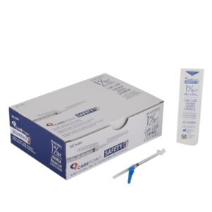 Safety Hypodermic Syringe with Needle Carepoint Safety 1 mL 1 Inch 23 Gauge Hinged Safety Needle Regular Wall