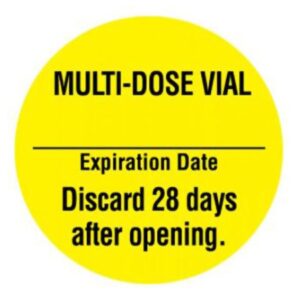 Pre-Printed Label UAL Anesthesia Label Yellow Paper Multi-Dose Vial Expiation Date Discard 28 Days after opening Black Syringe Label 1 Inch Diameter
