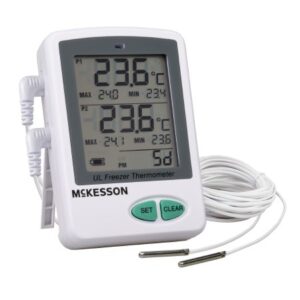 Ultra-Low Temperature Data Logger with Alarm McKesson Fahrenheit / Celsius -112 degree to +158 degreeF (-80 degree to +70 degreeC) 2 Stainless Steel Probes Flip-out Stand Battery Operated