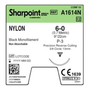 Nonabsorbable Suture with Needle Sharpoint Polyamide P-5 3/8 Circle Precision Reverse Cutting Needle Size 6 Monofilament