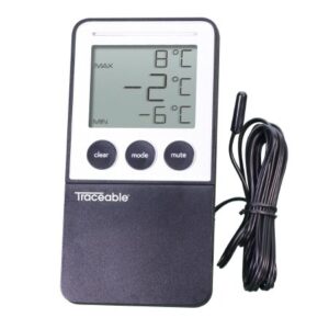 Digital Refrigerator / Freezer Thermometer with Alarm Traceable Fahrenheit / Celsius -58 degree to +158 degreeF (-50 degree to +70 degreeC) Bullet Probe Multiple Mounting Options Battery Operated