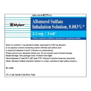 Albuterol Sulfate, Preservative Free 0.083%, 2.5 mg / 3 mL Solution 25 Vials