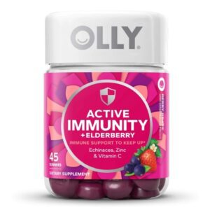 Dietary Supplement OLLY Active Immunity+Elderberry Echinacea / Black Elderberry Extract / Zinc / Vitamin C 40 mg – 65 mg – 5 mg – 180 mg Strength Gummy 45 per Bottle Berry Brave Flavor
