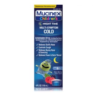Children’s Cold and Cough Relief Children’s Mucinex Nighttime Multi-Symptom Cold 325 mg – 12.5 mg – 5 mg / 10 mL Strength Liquid 4 oz.