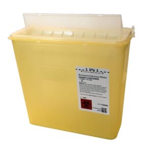 Biohazard Waste Container Touchless Yellow Base 10.5 W X 4.75 D X 10.75 H Inch Horizontal Entry 1.25 Gallon