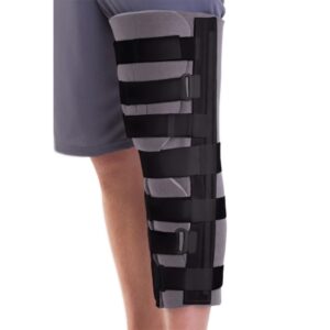 Knee Immobilizer Medline Cut-Away One Size Fits Most D-Ring / Hook and Loop Strap Closure 29 Inch Thigh Circumference / 21 Inch Calf Circumference 19 Inch Length Left or Right Knee