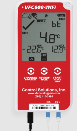 Refrigerator / Freezer Vaccine Data Logger with Alarm Kit LogTag VFC 800-WiFi Fahrenheit / Celsius -40 degree to 210 degreeF (-40 degree to +99 degreeC) Glycol Bottle Probe AC Adaptor / USB / Battery Backup