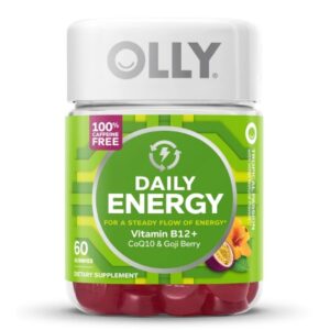 Dietary Supplement OLLY Daily Energy Vitamin B12 / CoQ10 / Goji Berry 300 mcg – 30 mg – 100 mg Strength Gummy 60 per Bottle Tropical Passion Flavor
