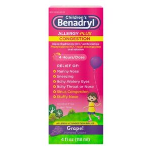 Children’s Allergy Relief Children?s BENADRYL Allergy Plus Congestion 12.5 mg – 5 mg Strength Liquid 4 oz.