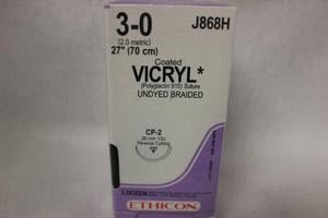 Absorbable Suture with Needle Coated Vicryl Polyglactin 910 CP-2 1/2 Circle Reverse Cutting Needle Size 3-0 Braided