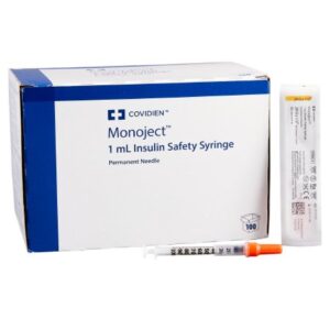 Safety Insulin Syringe with Needle Monoject 1 mL 1/2 Inch 29 Gauge Sliding Safety Needle Regular Wall