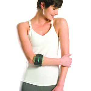 Pneumatic Tennis Elbow Support Aircast One Size Fits Most Hook and Loop Closure Armband Style Left or Right Arm 8 to 14 Inch Forearm Circumference Beige