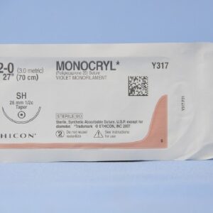 Absorbable Suture with Needle Monocryl Poliglecaprone SH 1/2 Circle Taper Point Needle Size 2-0 Monofilament
