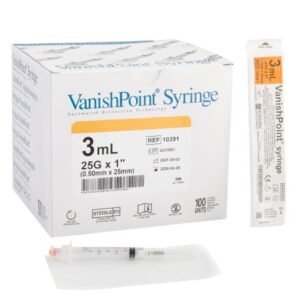 Safety Hypodermic Syringe with Needle VanishPoint 3 mL 1 Inch 25 Gauge Retractable Safety Needle Regular Wall