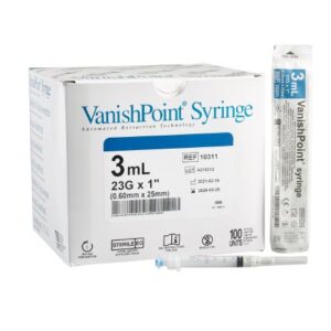 Safety Hypodermic Syringe with Needle VanishPoint 3 mL 1 Inch 23 Gauge Retractable Safety Needle Regular Wall
