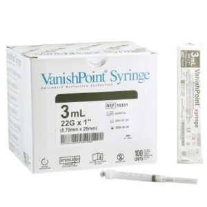 Safety Hypodermic Syringe with Needle VanishPoint 3 mL 1 Inch 22 Gauge Retractable Safety Needle Regular Wall